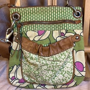 Fossil leather/canvas crossbody flower motif purse